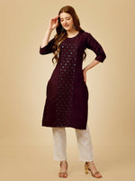 Thumbnail for Jyoti Fashion Women's Wine Cotton Blend Embroidered Kurta Pant Set - Distacart