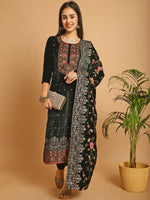 Thumbnail for Aastha Fashion Women's Green Velvet Floral Resham Thread with Jari & Sequince work Designer Straight Suit Set - Distacart