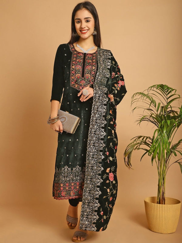 Aastha Fashion Women's Green Velvet Floral Resham Thread with Jari & Sequince work Designer Straight Suit Set - Distacart