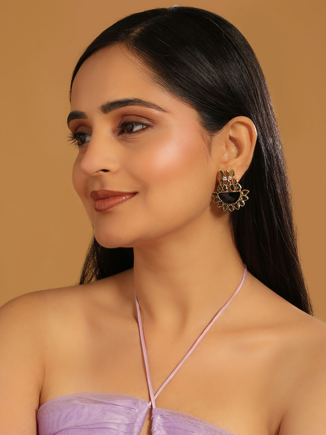 Nuyug 22K Gold Plated Dark Crystal Studded Contemporary Floral Shaped Stud Earrings