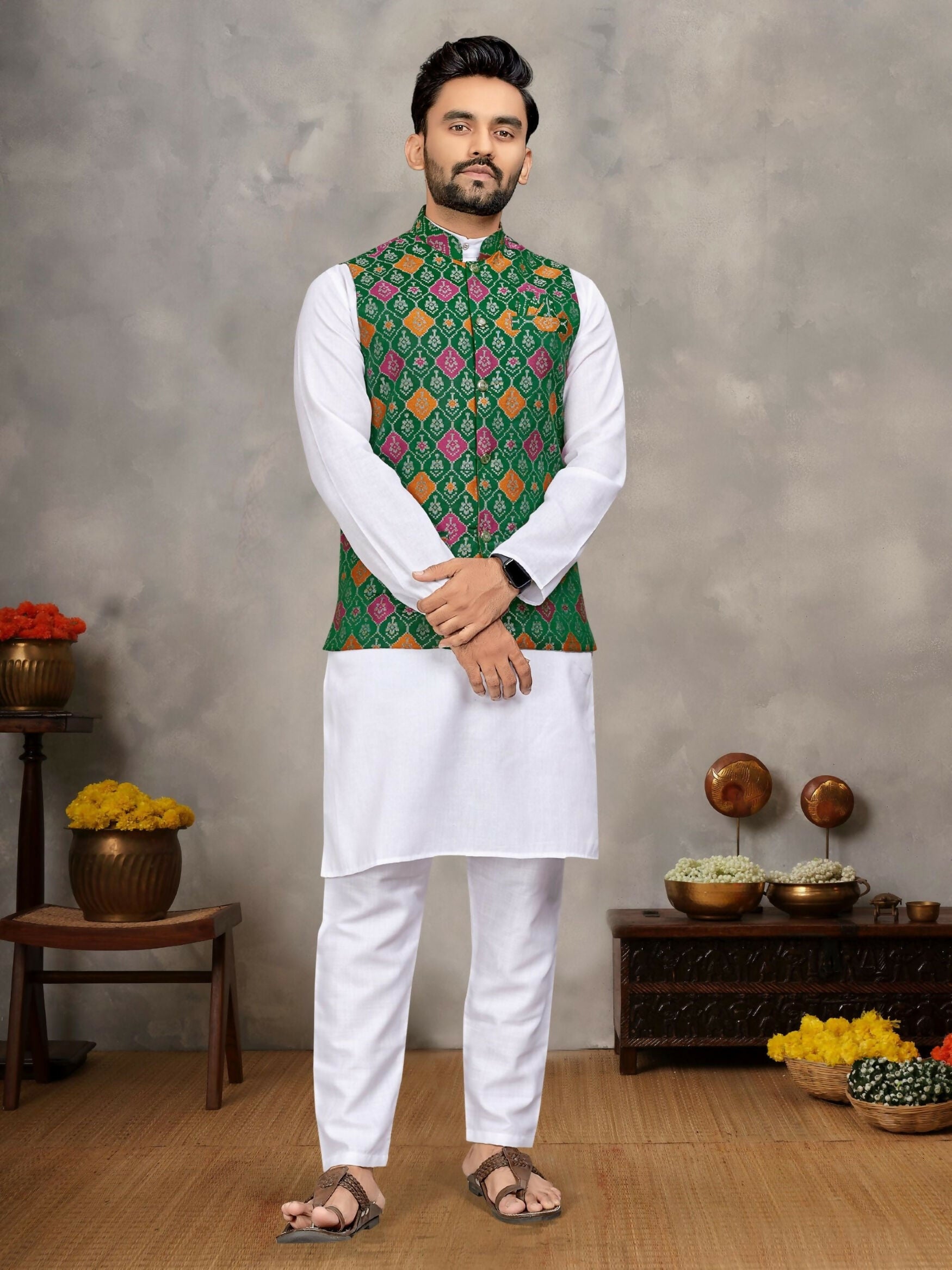 Anaita Green Cotton Straight Kurta Pajama & Kurta With Jequard Work - Distacart