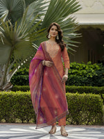 Thumbnail for The52 Orange Women's Gorgeous Embroidered Rayon Fabric with Straight Kurta, Pant and Dupatta Set - Distacart