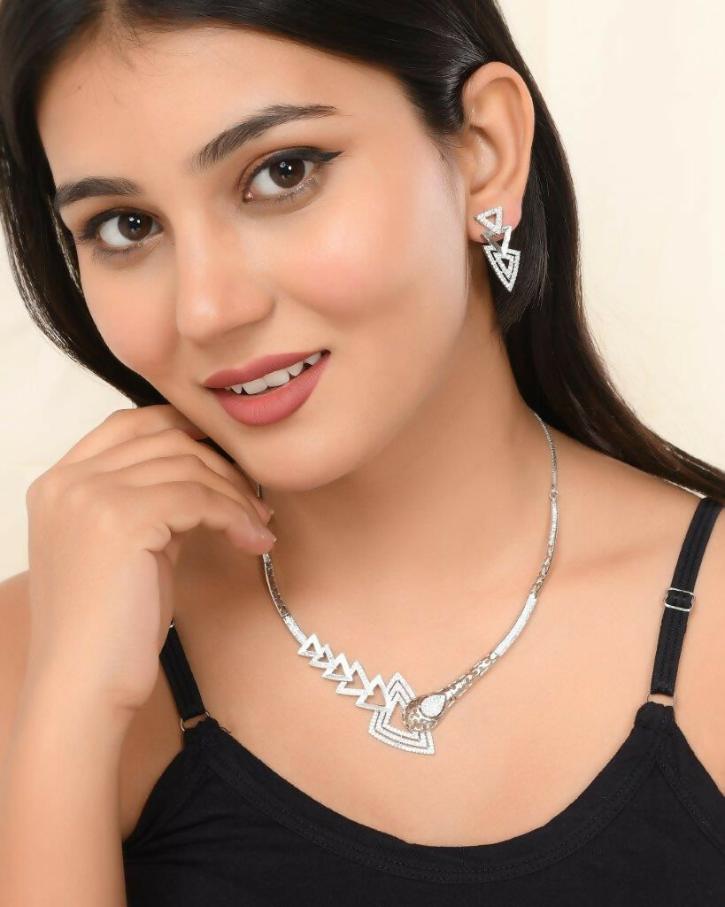 VOJ Silver Plated AD Studded Designer Handcrafted Jewellery Set - Distacart