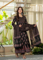 Thumbnail for Jaimini Women Cotton Printed Round Neck 3/4 Sleeves Calf Length Flared Kurta Pant And Dupatta Set - Dista
