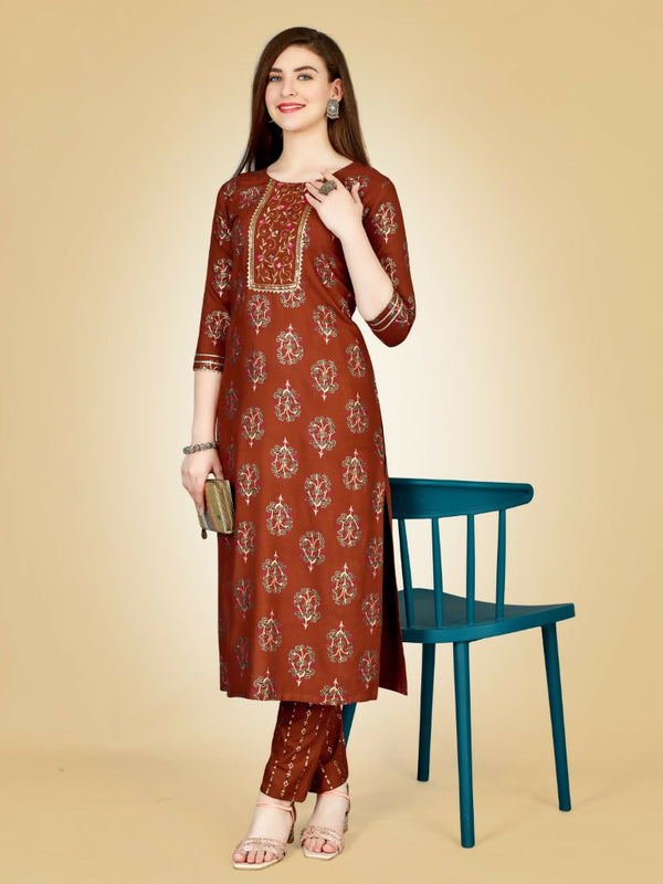 Jyoti Fashion Women's Rust Viscose Rayon Embroidered Kurta Pant Set - Distacart