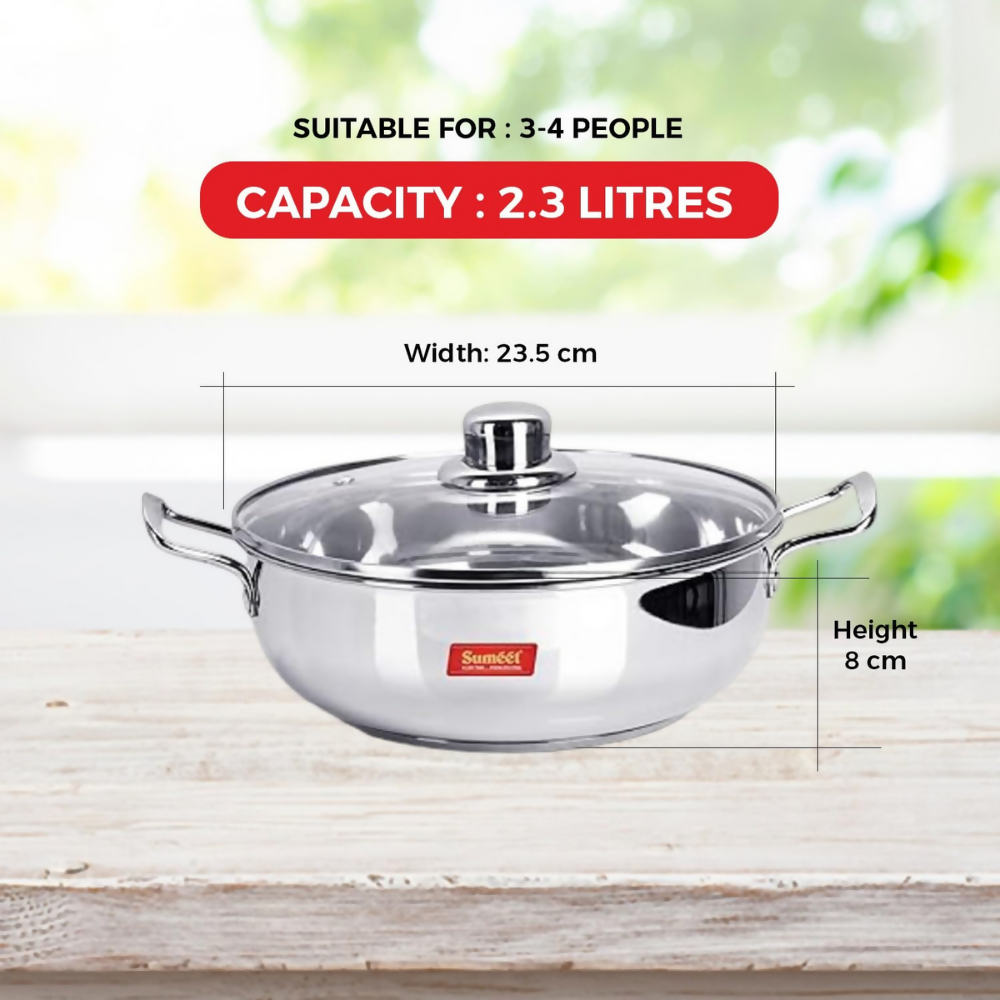 Sumeet Stainless Steel Induction Bottom Kadhai with Glass Lid - Dista