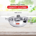 Thumbnail for Sumeet Stainless Steel Induction Bottom Kadhai with Glass Lid - Dista