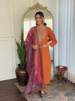 Thumbnail for The52 Orange Women's Gorgeous Embroidered Rayon Fabric with Straight Kurta, Pant and Dupatta Set - Distacart