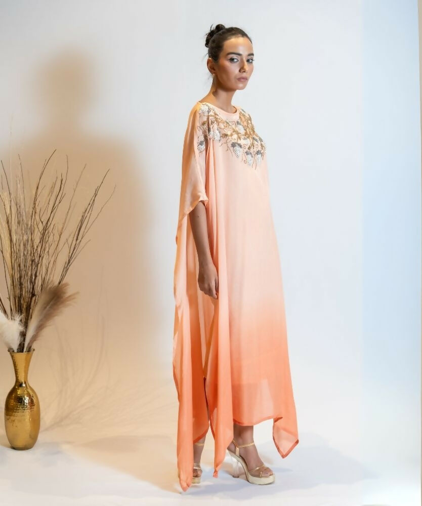 Timaraa Coral Peach Ombre Embellished Kaftan Dress - Dista