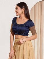 Thumbnail for Joban Fashion Navy Blue Taffeta Silk Padded Blouse With Round Neck Elbow Sleeves - Distacart