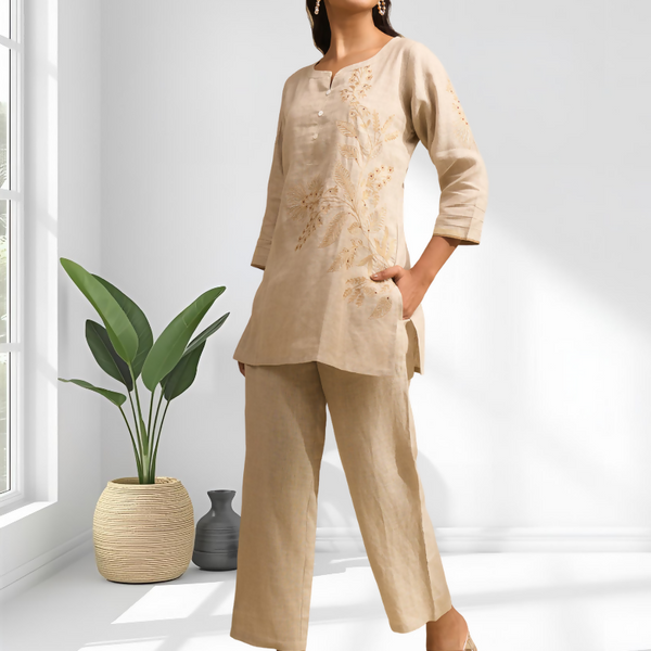 Joban Fashion Beige Linen Embroidered Readymade Cord Set - Distacart