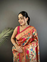 Thumbnail for Joban Fashion Pastel Red Mughal-Inspired Motifs Soft Silk Paithani Saree - Distacart