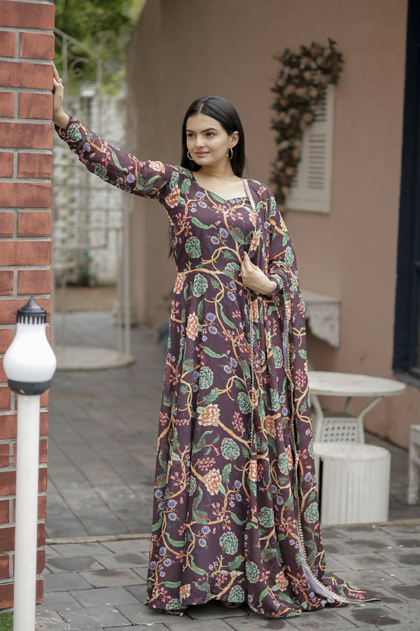 Jyoti Fashion Women's Coffee Faux Georgette Floral Digital Printed Anarkali Dress with Dupatta - Distacart