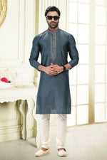 Thumbnail for Raivat Ethnic Jacquard Banarasi Silk Thread Work Kurta Pajama In Grey Colour - Distacart
