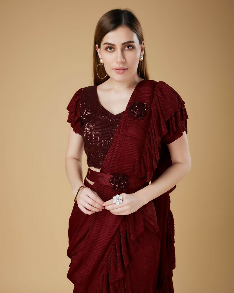 Maroon Imported Crush Solid Ready to Wear Saree with stitched Blouse - Aayan - Distacart