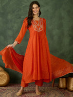 Thumbnail for The52 Orange Women's Gorgeous Embroidered Chinon Fabric Flared Kurta Pant and Dupatta Set - Distacart