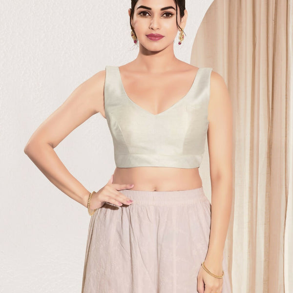 Joban Fashion Off White Mulberry Silk Padded Blouse With Round Neck Sleeveless