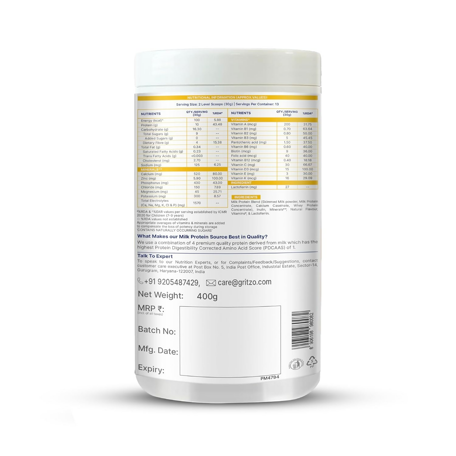 Gritzo SuperMilk Growth+ (Formerly Height+) Unsweetened Drink Mix (7-12y Boys), 10g Protein Powder (Creamy Vanilla) - Distacart