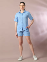 Thumbnail for Myshka Women's Blue Solid Shirt Collar Party Shirt With Shorts Co-ord set - Distacart