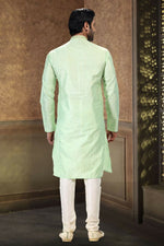 Thumbnail for Raivat Ethnic Jacquard Art Silk Thread Work Kurta Pajama In Pista Green Colour - Distacart