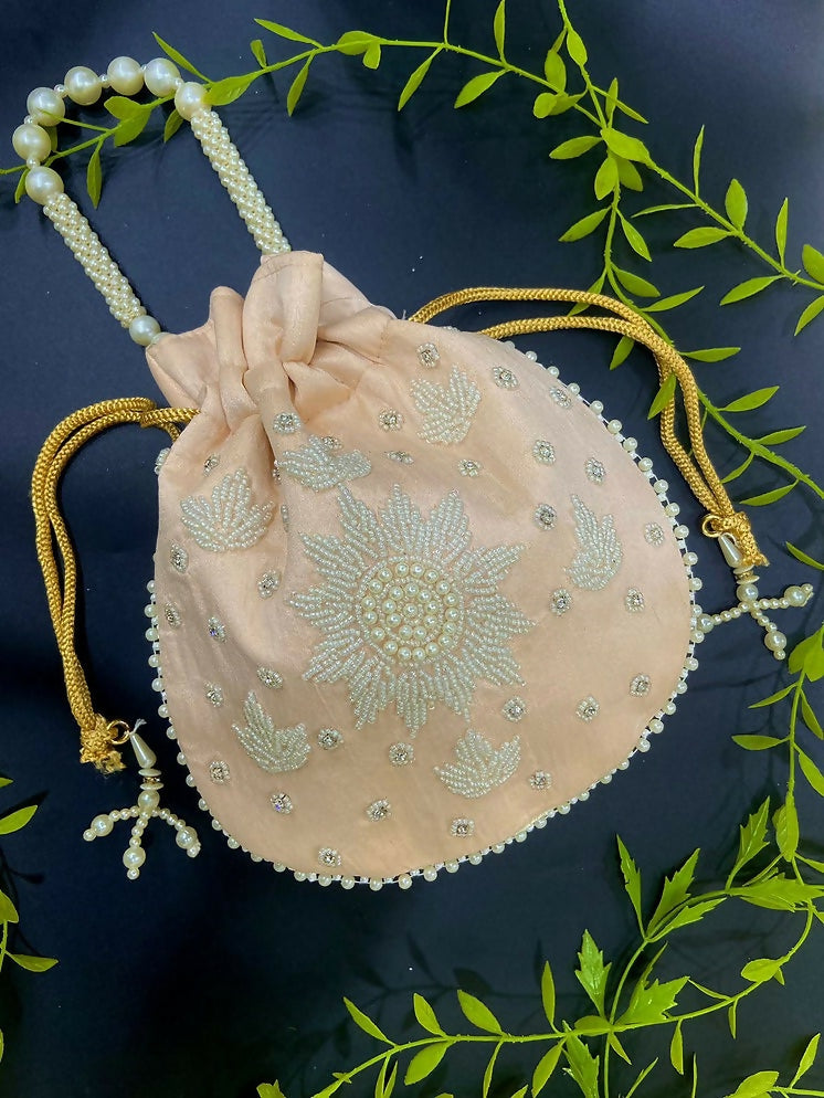 Joban Fashion Pearl Hand Work Potli Bag - Peach