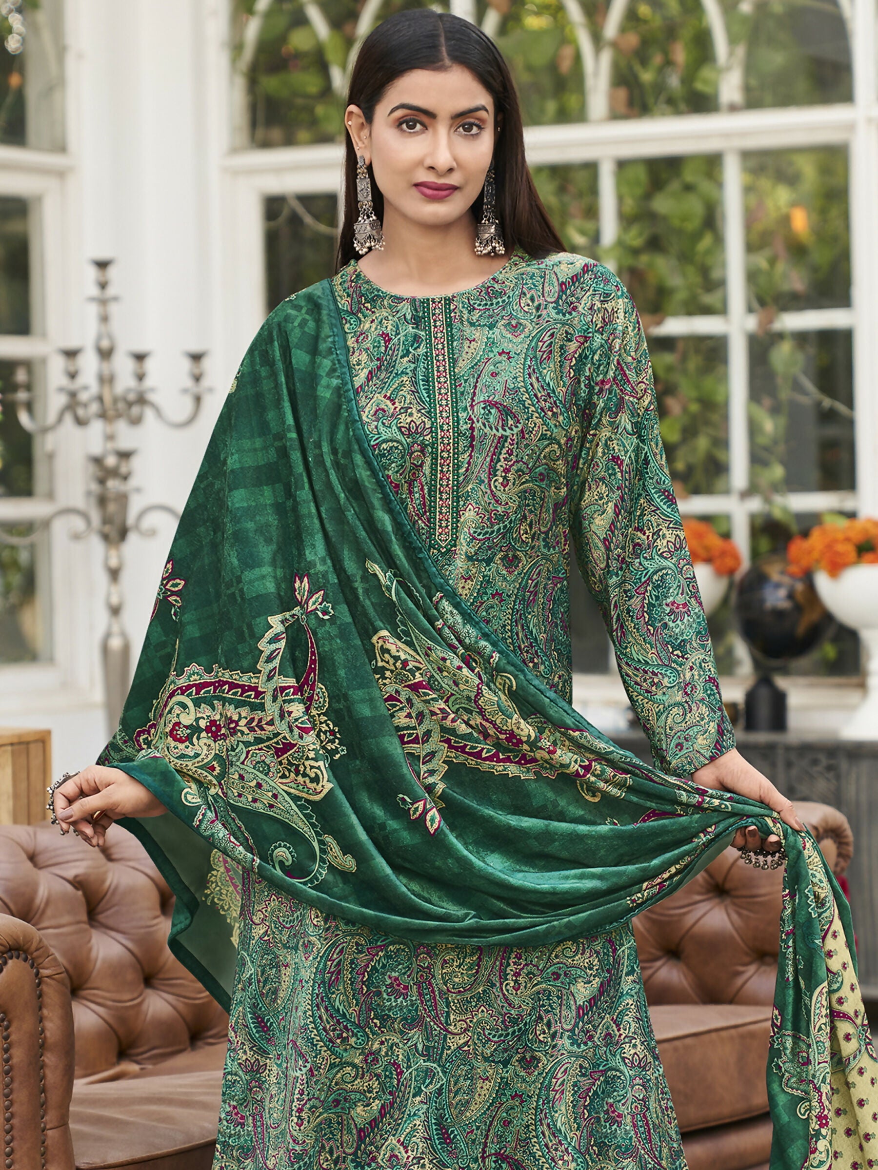 Jyoti Fashion Women's Green Velvet Digital Print with Resham Thread work Kurta with Trouser & Dupatta - Distacart