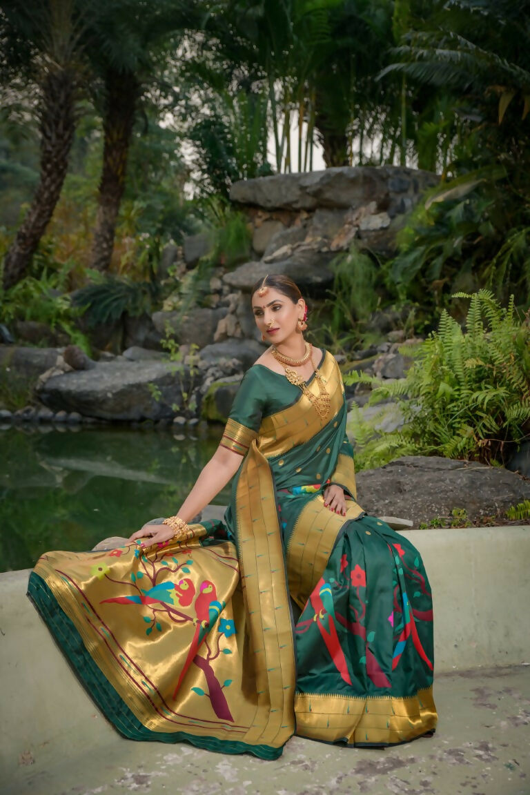 Jyoti Fashion Women's Bottle Green Paithani Silk Zari Woven Saree with Blouse - Distacart