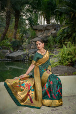 Thumbnail for Jyoti Fashion Women's Bottle Green Paithani Silk Zari Woven Saree with Blouse - Distacart