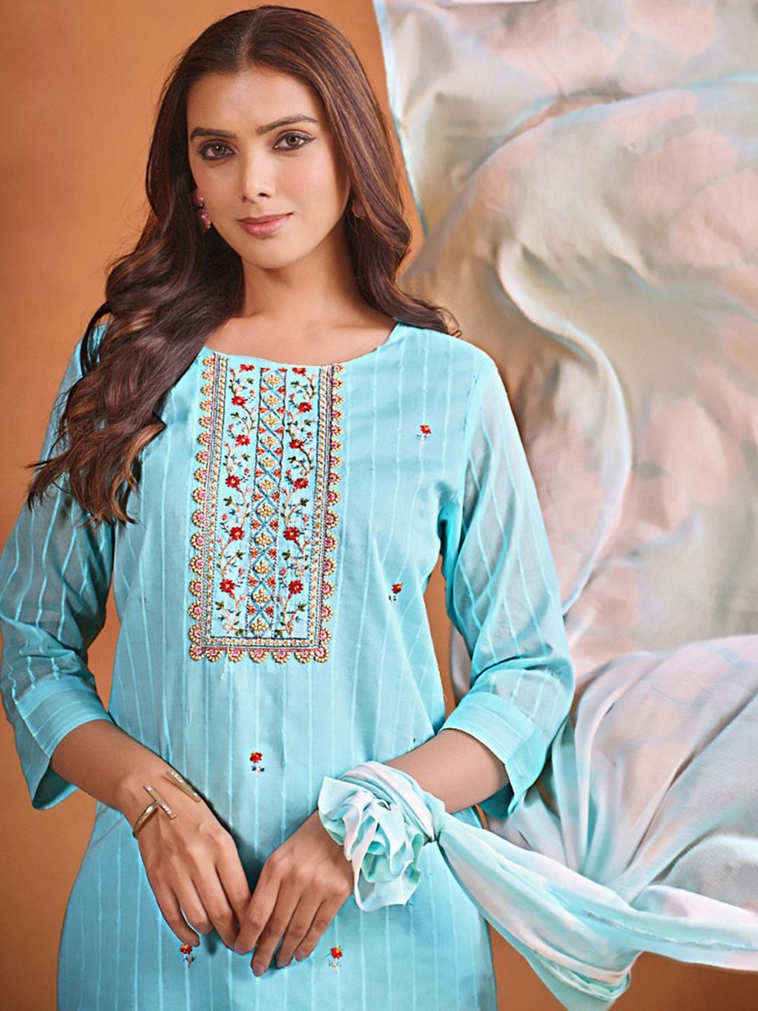 Sangria Ethnic Motifs Embroidered Thread Work Chanderi Cotton Kurta Trouser & Dupatta - Distacart