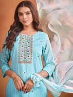 Thumbnail for Sangria Ethnic Motifs Embroidered Thread Work Chanderi Cotton Kurta Trouser & Dupatta
