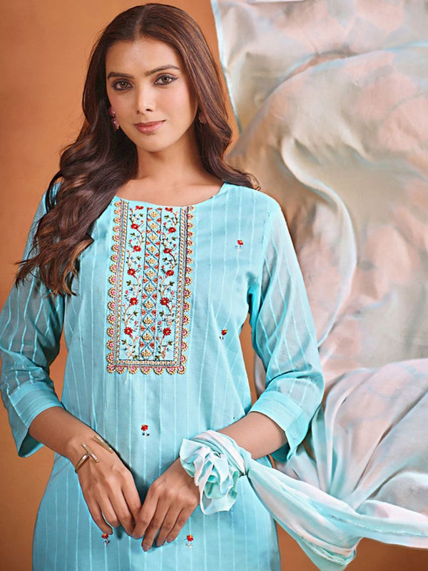 Sangria Ethnic Motifs Embroidered Thread Work Chanderi Cotton Kurta Trouser & Dupatta