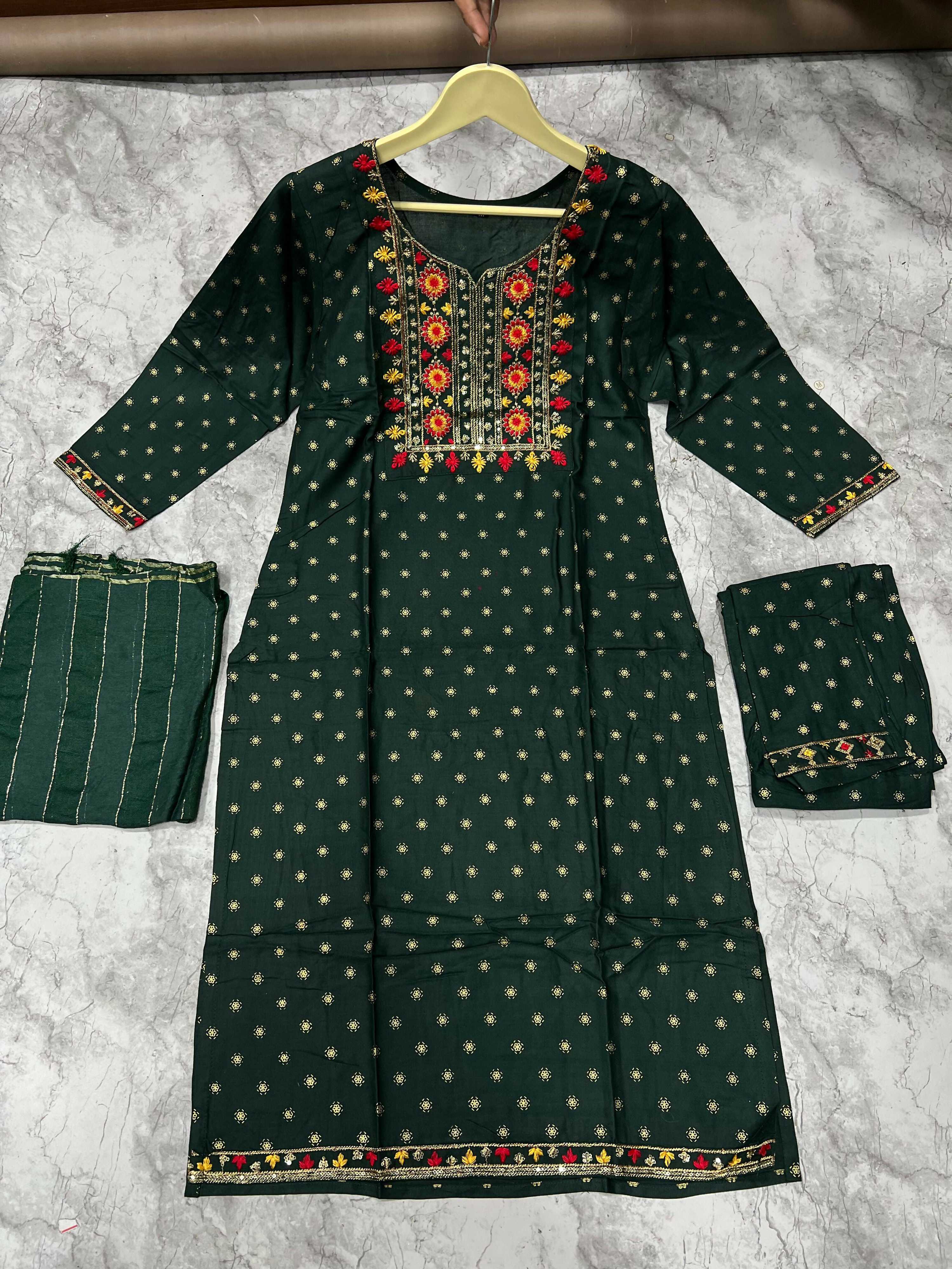 Jyoti Fashion Women's Bottle Green 14KG Rayon Foil Print with Embroidery Kurta Set - Distacart