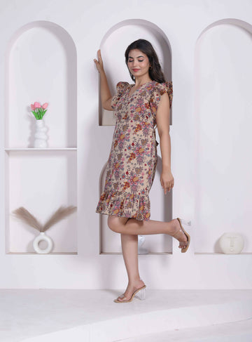 Miravan Women Empire Waist Beige Mini Length Dress - Dista