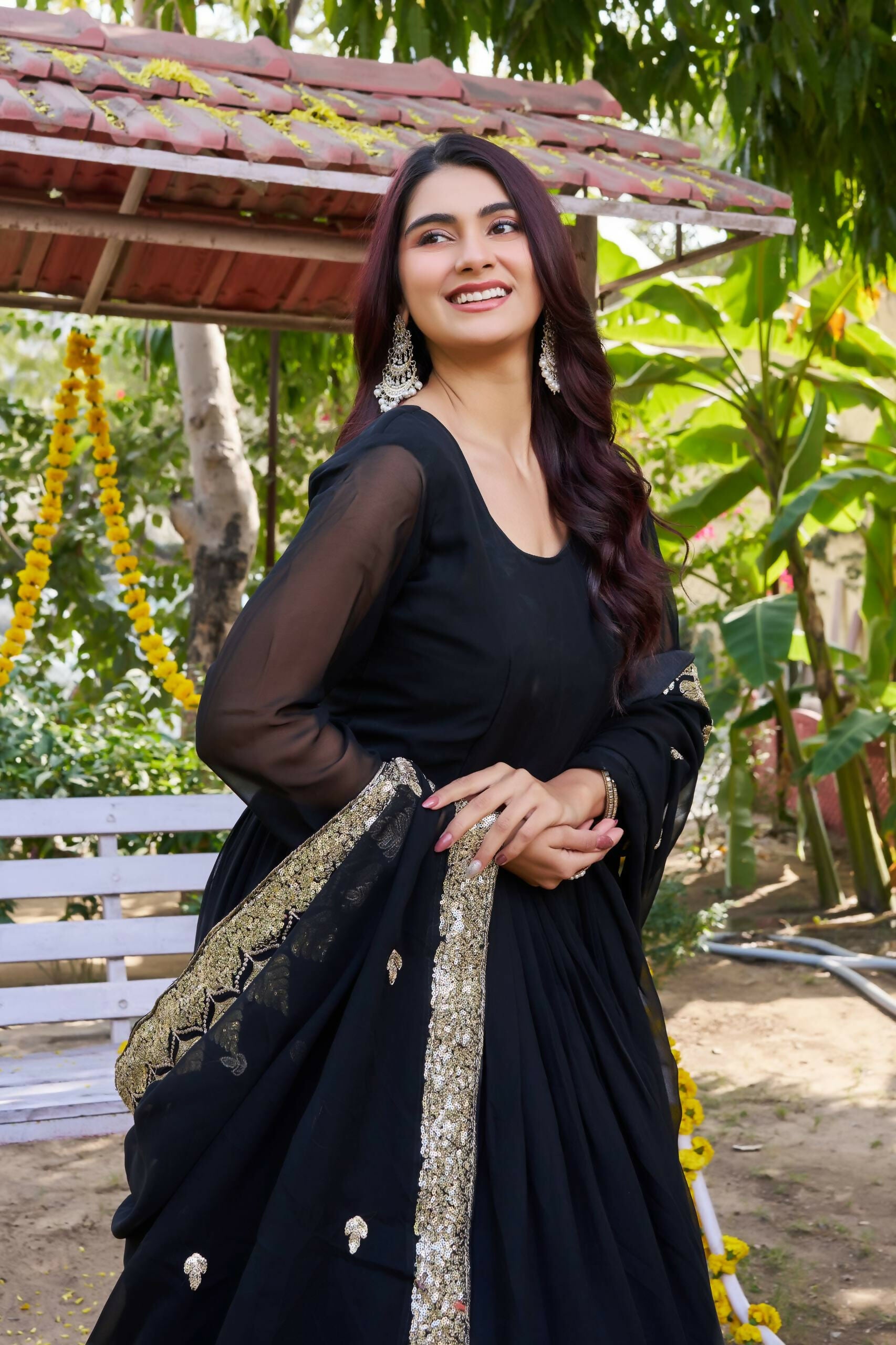 Teeya Creation Womens New Stylish Heavy Sequence Embroidery Work Black Gown Set - Dista