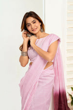 Thumbnail for Joban Fashion Light Pink  Striped Linen Ready To Wear Saree With Unstitched Blouse - Distacart