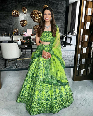 Jyoti Fashion Green 3MM Sequin Jari Embroidered Malai Satin Silk Lehenga Choli with Dupatta - Distacart