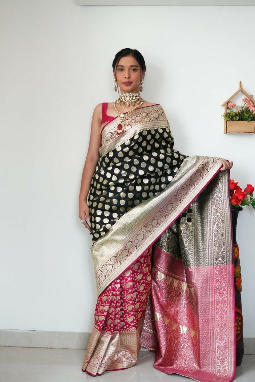 Malishka Banarasi Silk Jacquard Ready To Wear Saree With Blouse Piece - Black Pink - Distacart