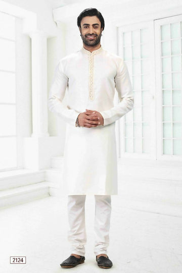 Raivat Ethnic Linen Cotton Thread Work Kurta Pajama In Cream Colour - Dista