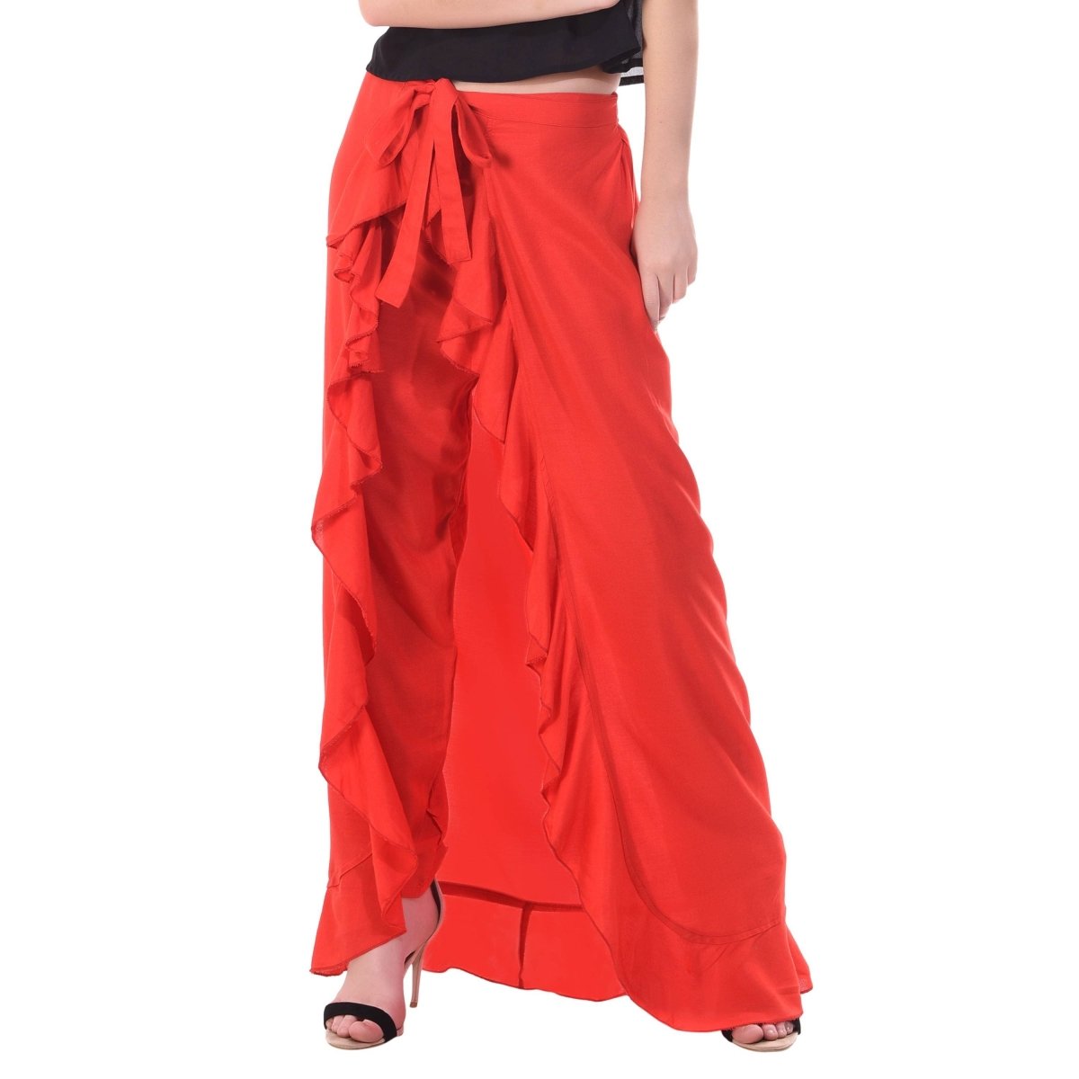 Asmaani Red Color Plain Ruffle Palazzo