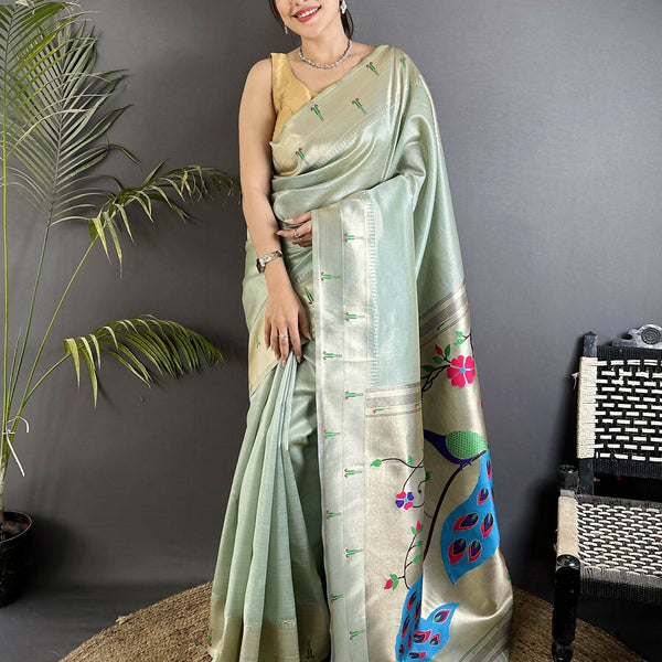 Joban Fashion Pale Blue Peacock & Floral Motifs Tissue Paithani Saree - Dista