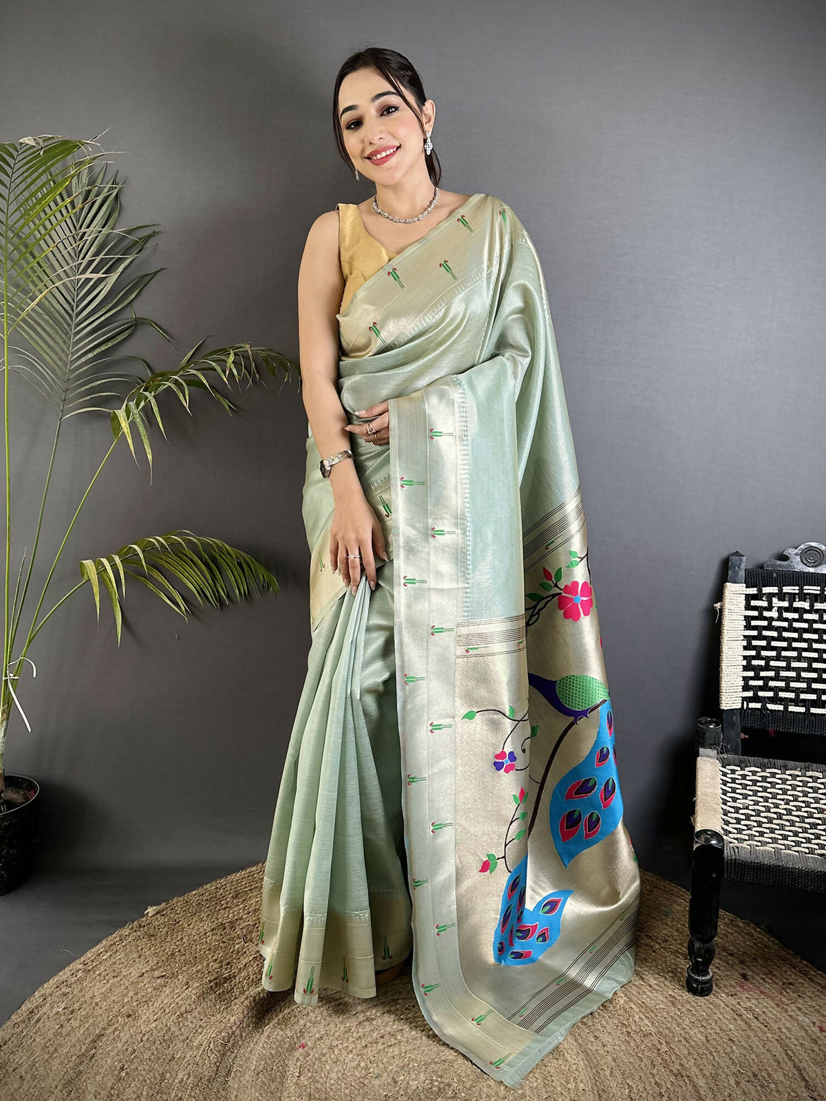 Joban Fashion Pale Blue Peacock & Floral Motifs Tissue Paithani Saree - Dista