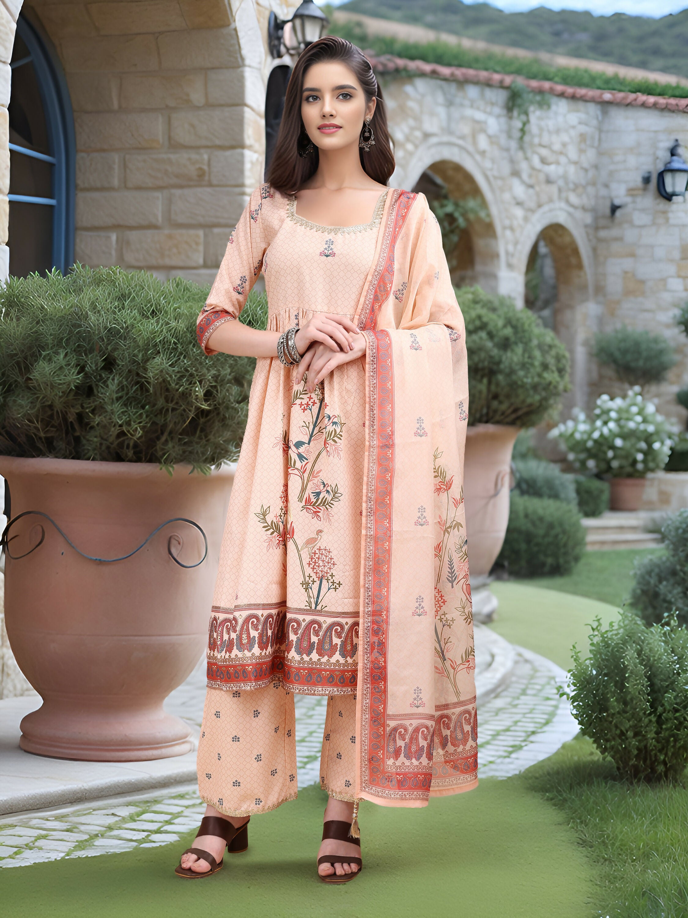 Joban Fashion Peach Position Digital Print With Position Foil Kurta Set