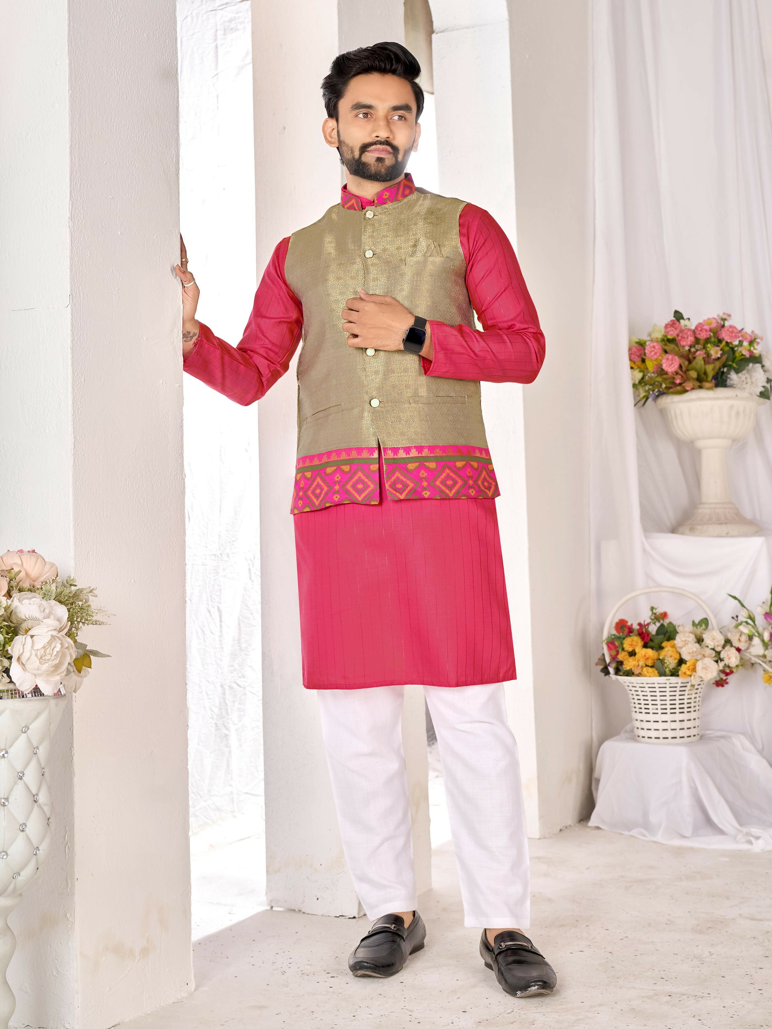 Anaita Mehendi Cotton Straight Kurta Payjama & Koti With Jequard Work - Distacart