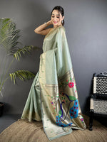 Thumbnail for Joban Fashion Pale Blue Peacock & Floral Motifs Tissue Paithani Saree - Dista