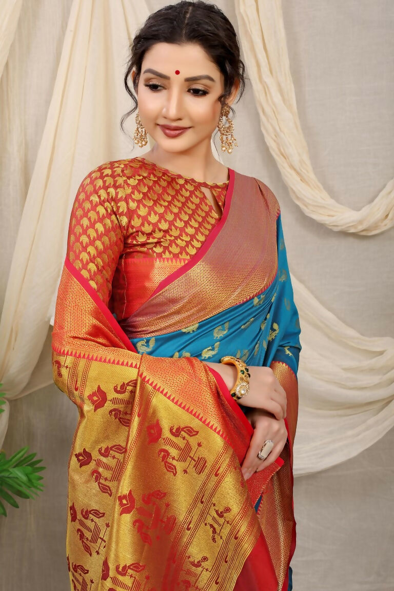 Jyoti Fashion Women's Firozi Banarasi Silk Zari Woven Saree with Blouse - Distacart