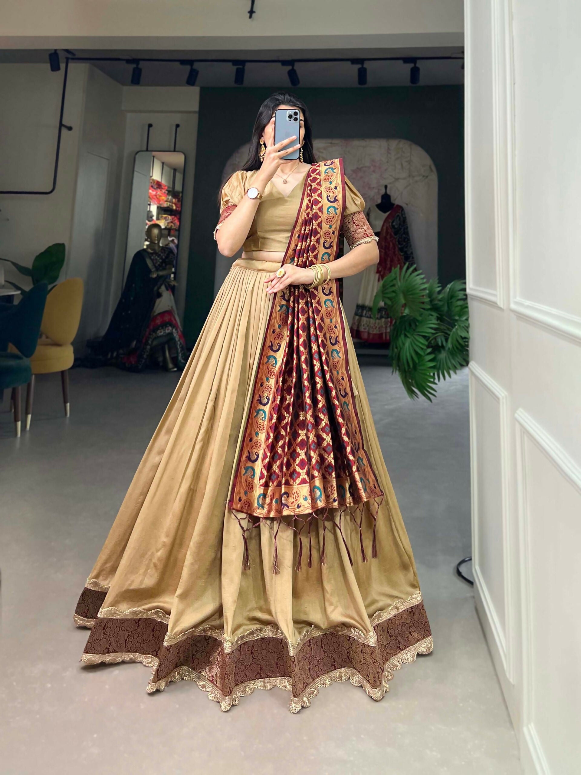 Vastranavya Traditional Jacquard Vichitra Silk Lehenga Choli - Chiku - Distacart