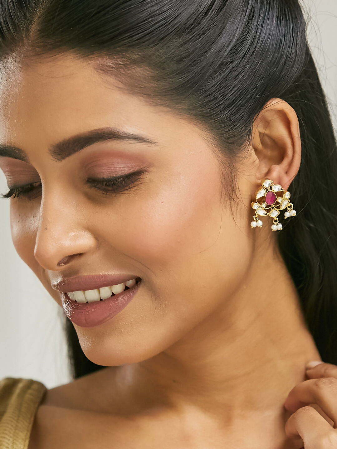 Nuyug 22K Gold-Plated Elegant Kundan & Ruby Stone Studded & Beaded Studs