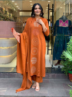Thumbnail for The52 Orange Women's Gorgeous Chanderi Fabric Embroidered Work Straight Kurta Pant and Dupatta Set - Distacart