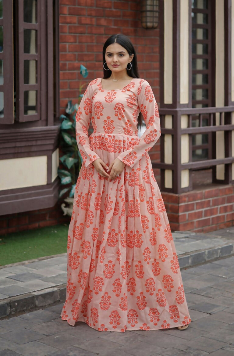 Jyoti Fashion Women's Peach Heavy Digital Printed Pure Chanderi Anarkali Dress - Distacart