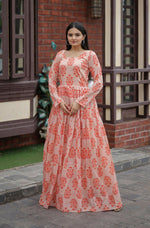 Thumbnail for Jyoti Fashion Women's Peach Heavy Digital Printed Pure Chanderi Anarkali Dress - Distacart